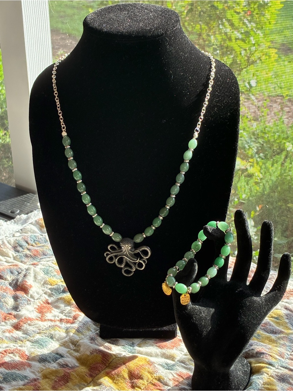 Green Adventurine Necklace and Bracelet Set with Silver Octopus Pendant